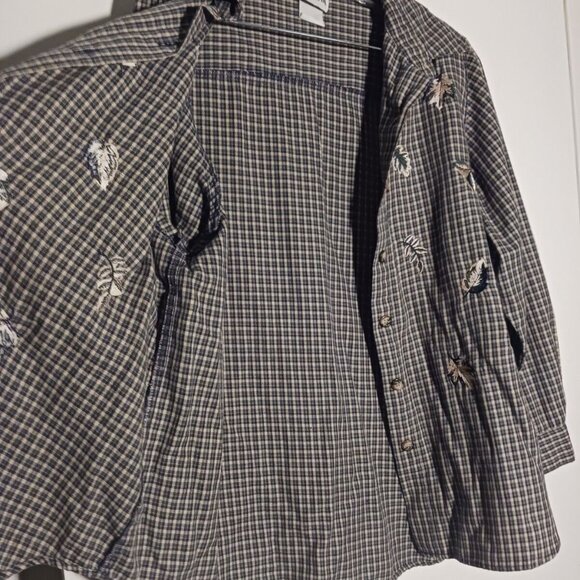 Bonworth Womans Medium Plaid Green Embroidery Leaves Shirt Long Sleeves - Picture 4 of 6